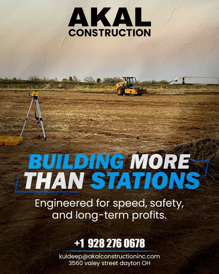 Akal Construction social post — Building More Than Stations: dozer and survey equipment on active travel center site