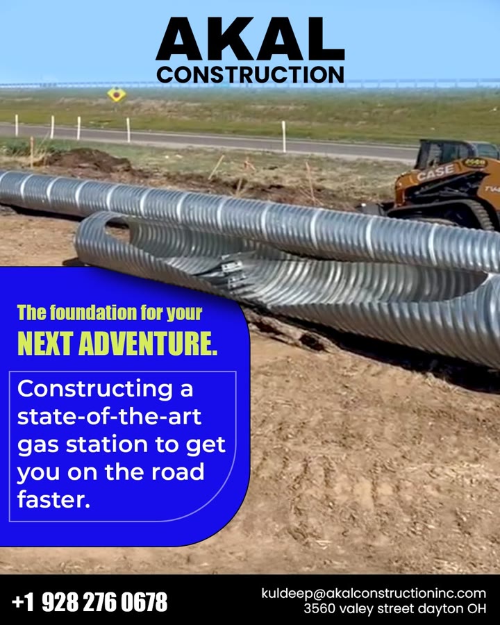 Akal Construction social post — culvert pipes staged with CASE skid steer on travel center job site