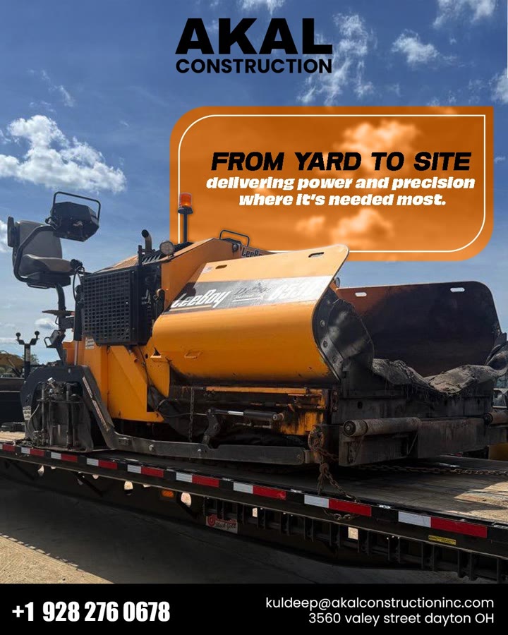 Akal Construction social post — LeeBoy asphalt paver on flatbed trailer ready for transport to job site